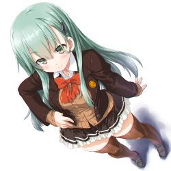 Rule 34 | 1girl, aqua hair, arm at side, black footwear, black skirt, blazer, blush, bow, bowtie, breasts, brown jacket, brown thighhighs, closed mouth, dd (ijigendd), emblem, foreshortening, frilled skirt, frills, from above, full body, green eyes, hair ornament, hairclip, hand on own hip, highres, jacket, kantai collection, legs apart, loafers, long hair, long sleeves, looking at viewer, looking up, medium breasts, open clothes, open jacket, pleated skirt, red bow, red bowtie, school uniform, shoes, simple background, skirt, sleeves past wrists, solo, standing, suzuya (kancolle), tareme, thighhighs, unbuttoned, white background, wing collar, zettai ryouiki