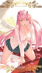 Rule 34 | 10s, 1girl, angel wings, bag, blunt bangs, blush, breasts, buttons, candy, cangkong, character name, cleavage, collarbone, collared shirt, darling in the franxx, day, dress shirt, eyeshadow, fingernails, food, full body, green eyes, green skirt, hairband, hand up, highres, holding, horns, kneeling, large breasts, legs apart, lollipop, long fingernails, long hair, long sleeves, looking at viewer, makeup, miniskirt, outdoors, petals, pink hair, plaid, plaid skirt, pleated skirt, school bag, shirt, skirt, solo, spread wings, straight hair, tsurime, unbuttoned, unbuttoned shirt, very long hair, watermark, web address, white hairband, white shirt, white wings, wings, zero two (darling in the franxx)