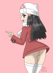 Rule 34 | 1girl, absurdres, anal, anal object insertion, artist name, ass, beanie, black eyes, black hair, blush, bottomless, butt plug, coat, creatures (company), dawn (pokemon), female focus, from behind, game freak, hair ornament, hairclip, hand up, hat, highres, long hair, long sleeves, looking at viewer, looking back, matching hair/eyes, nintendo, object insertion, open mouth, pink background, poke ball theme, pokemon, pokemon dppt, pokemon platinum, protoscene, pussy, red coat, scarf, sex toy, shiny skin, signature, simple background, smile, solo, standing, sweat, teeth, textless version, thighhighs, uncensored, white hat, white scarf, white thighhighs