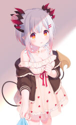 Rule 34 | 1girl, bare shoulders, breasts, brown jacket, cleavage, collarbone, commentary request, demon tail, double bun, dress, feet out of frame, frilled dress, frilled jacket, frills, grey hair, hair bun, hair ornament, hairclip, highres, indie virtual youtuber, jacket, kusumoto shizuru, long sleeves, looking at viewer, medium breasts, off-shoulder dress, off shoulder, open clothes, open jacket, orange eyes, parted lips, pink hair, puffy long sleeves, puffy sleeves, see-through, sidelocks, solo, standing, suou patra, tail, virtual youtuber, white dress