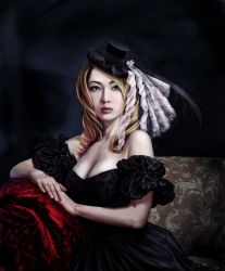 Rule 34 | 1girl, bare shoulders, blonde hair, breasts, cleavage, dress, feathers, frills, green eyes, hat, highres, large breasts, lips, long hair, mini hat, mini top hat, nagumo (qmzp10), original, photorealistic, portrait, realistic, solo, top hat, upper body