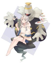Rule 34 | 1girl, alternate costume, asymmetrical hair, barefoot, blue shorts, cookie, creatures (company), crossover, cup, dessert, dusknoir, floating, floating object, food, game freak, gen 4 pokemon, holding, holding food, hood, hood down, kantai collection, medium hair, nintendo, nowaki (kancolle), pokemon, pokemon (creature), shakemi (sake mgmgmg), shorts, silver hair, simple background, sitting, spoon, steam, teacup