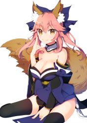 Rule 34 | 10s, 1girl, ameshizuku natsuki, animal ears, blue thighhighs, bow, breasts, cleavage, detached sleeves, fate/extra, fate/grand order, fate (series), fox ears, fox shadow puppet, fox tail, hair bow, hair ribbon, japanese clothes, large breasts, looking at viewer, \\n/, pink hair, ribbon, simple background, sitting, solo, tail, tamamo no mae (fate/extra), thighhighs, thighs, wariza, white background, yellow eyes
