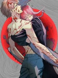 Rule 34 | 1boy, 1girl, black coat, blonde hair, blood, blood in hair, blood on arm, blood on back, blood on body, blood on face, braid, braided ponytail, chainsaw, chainsaw man, closed eyes, coat, denji (chainsaw man), formal, highres, hug, looking up, makima (chainsaw man), medium hair, open mouth, red hair, short hair, sidelocks, smile, suit, takopi15, topless male
