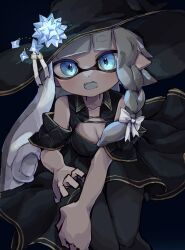 Rule 34 | 1girl, black background, black dress, black hat, blue eyes, bow, braid, braided sidelock, breasts, cleavage, collarbone, commentary request, dress, fangs, gold trim, grey hair, hair bow, hat, highres, inkling, inkling girl, inkling player character, long hair, looking at viewer, nintendo, open mouth, pointy ears, single braid, solo, splatoon (series), tentacle hair, white bow, witch hat, yksb inc6