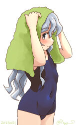 Rule 34 | 1girl, blush, braid, cowboy shot, dated, embarrassed, flat chest, grey eyes, grey hair, hairband, kantai collection, long hair, navel, one-hour drawing challenge, ponytail, ray.s, school swimsuit, simple background, single braid, solo, swimsuit, towel, twitter username, wavy hair, white background, yamagumo (kancolle)