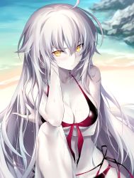 Rule 34 | 1girl, :/, bare shoulders, beach, bikini, black ribbon, blush, breast hold, breasts, cleavage, closed mouth, collarbone, dripping, fate/grand order, fate (series), feet out of frame, front-tie bikini top, front-tie top, gradient clothes, hair between eyes, highres, jeanne d&#039;arc (fate), jeanne d&#039;arc alter (fate), knee up, kousaki rui, large breasts, long hair, looking at viewer, multi-strapped bikini, navel, ocean, pale skin, pink ribbon, ribbon, rock, shore, side-tie bikini bottom, signature, silver hair, sitting, solo, straight hair, swimsuit, tsurime, underboob, v-shaped eyebrows, very long hair, waifu2x, water, water drop, wet, yellow eyes