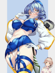 Rule 34 | 2girls, absurdres, alternate costume, bandeau, blue bandeau, blue hair, blue headwear, breasts, cleavage, garter straps, gloves, gotland (kancolle), grey eyes, hair between eyes, highres, holding, holding umbrella, jacket, japanese clothes, kantai collection, kimono, large breasts, looking at viewer, midriff, mole, mole under eye, multiple girls, navel, official alternate costume, panties, pink hair, pointing, pointing at self, race queen, sheep, short hair, smile, torisan, umbrella, underwear, upskirt, white gloves, white jacket, white panties, yura (kancolle)