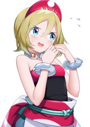 Rule 34 | 1girl, blonde hair, blue eyes, blush, bracelet, collar, collarbone, commentary request, creatures (company), eyelashes, flying sweatdrops, game freak, hair between eyes, hairband, hands up, irida (pokemon), iwao (pixiv258710), jewelry, medium hair, nintendo, open mouth, own hands together, pokemon, pokemon legends: arceus, red hairband, sash, shirt, shorts, simple background, smile, solo, strapless, strapless shirt, sweatdrop, tongue, waist cape, white background, white shorts