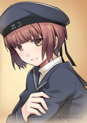 Rule 34 | 1girl, blue hat, brown eyes, brown hair, clothes writing, dress, hat, kantai collection, long sleeves, nikuoji, sailor dress, sailor hat, short hair, smile, solo, upper body, z3 max schultz (kancolle)