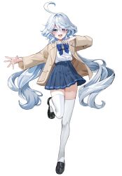 Rule 34 | 1girl, absurdres, ahoge, alternate costume, blue bow, blue bowtie, blue brooch, blue eyes, blue hair, blue skirt, blush, bow, bowtie, coat, dasha, full body, furina (genshin impact), genshin impact, hair between eyes, heterochromia, highres, light blue hair, long hair, looking at viewer, multicolored hair, open clothes, open coat, open mouth, pleated skirt, school uniform, sidelocks, simple background, skirt, smile, solo, standing, standing on one leg, streaked hair, teeth, thighhighs, upper teeth only, white background, white thighhighs