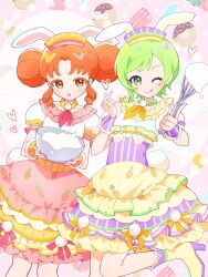 2girls :o :q animal_ears blush bowl carrot_print colored_eyelashes cowboy_shot curly_sidelocks dot_nose double_bun donut dress fake_animal_ears food food_print frilled_dress frilled_sleeves frills green_eyes green_hair hair_bun hands_up haru_(haru1bc6c4) heart high_heels highres himitsu_no_aipri holding holding_bowl holding_whisk idol legs_apart looking_at_viewer medium_dress medium_hair mitsuba_airi multiple_girls orange_eyes orange_hair parted_bangs pink_dress pretty_series purple_dress purple_wrist_cuffs rabbit_ears shinomiya_rinrin short_hair short_sleeves smile standing standing_on_one_leg striped_clothes striped_dress tongue tongue_out two-tone_dress vertical-striped_clothes vertical-striped_dress whipped_cream whisk wrist_cuffs yellow_dress yellow_footwear