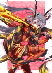 Rule 34 | 1girl, armor, blush, bodysuit, duel monster, grey hair, hair ornament, highres, holding, holding weapon, long hair, looking at viewer, noppe, red armor, red eyes, scarf, sky striker ace - kagari, sky striker ace - raye, sky striker ace - roze, solo, sword, twintails, weapon, wings, yu-gi-oh!, yu-gi-oh! master duel