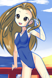 Rule 34 | 1girl, beach, blue one-piece swimsuit, breasts, brown eyes, brown hair, cloud, collarbone, digimon, digimon adventure, drantyno, highres, long hair, looking at viewer, ocean, one-piece swimsuit, open mouth, sand, sky, small breasts, smile, standing, swimsuit, tachikawa mimi, teeth, water