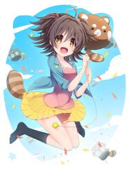 Rule 34 | 1girl, ahoge, akagi miria, animal balloon, balloon, black socks, blue cardigan, blue sky, blue sleeves, border, brown hair, cardigan, circle skirt, cloud, coattails, collared cardigan, commentary request, confetti, frilled tank top, full body, highres, holding, holding balloon, idolmaster, idolmaster cinderella girls, kneehighs, light blush, long sleeves, looking ahead, midair, miniskirt, no shoes, open cardigan, open clothes, open mouth, outside border, pink tank top, pleated skirt, red panda, red panda tail, see-through, see-through skirt, short hair, skirt, sky, sleeves past elbows, smile, socks, solo, spaghetti strap, tank top, transparent border, two side up, usamata, yellow eyes, yellow skirt
