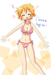Rule 34 | 00s, 1girl, bikini, blonde hair, blush, breasts, closed eyes, english text, heart, highres, large breasts, lucky star, men (artist), open mouth, patricia martin, short hair, smile, solo, striped bikini, striped clothes, swimsuit
