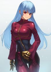 Rule 34 | 1girl, absurdres, belt, blue background, blue hair, bodysuit, breasts, closed mouth, cowboy shot, crop top, eyebrows hidden by hair, gloves, gradient background, hara kenshi, highres, kula diamond, long hair, long sleeves, looking at viewer, medium breasts, red eyes, smile, snk, solo, the king of fighters, thigh gap, very long hair, yellow gloves, zipper