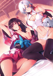 Rule 34 | 2girls, absurdres, antenna hair, arm support, arm up, armpit peek, armpits, bare shoulders, beatrice (booboo), bed, bed sheet, black gloves, black legwear, blue eyes, blush, braid, breasts, bridal gauntlets, brown hair, center opening, character cutout, cleavage, cleavage cutout, closed mouth, clothing cutout, collarbone, dengeki bunko, dress, eyebrows, fangs, fingernails, floral print, gloves, hair bobbles, hair ornament, hand to head, headphones, headphones around neck, high collar, highres, intelli village no zashiki-warashi, japanese clothes, kimono, large breasts, long hair, long legs, looking at viewer, lying, medium breasts, midriff, mole, mole under eye, multiple girls, nanao (mahaya), navel, obi, off shoulder, official art, on bed, on side, parted lips, pink lips, red eyes, revealing clothes, saikyou wo kojiraseta level counter stop kenseijo beatrice, sash, scan, side braid, sitting, smile, steam, stomach, stuffed animal, stuffed pig, stuffed toy, sweat, teeth, thighhighs, zashiki-warashi (intelli village)