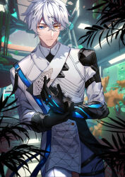 Rule 34 | 1boy, blurry, blurry background, crossed bangs, foliage, gloves, grey hair, heterochromia, highres, jacket, looking at viewer, outdoors, own hands together, sheiyue, short hair, smile, solo, standing, tian lang (tower of fantasy), tower of fantasy, white jacket