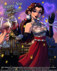 Rule 34 | 1girl, alcohol, alternate costume, breasts, brown hair, building, champagne, disco, disco ball, donkey kong (series), dress, earrings, eyeshadow, fireworks, glass, gloves, happy new year, heart, jewelry, lipstick, long hair, looking at viewer, makeup, mario (series), mario kart, mario kart tour, new year, night, night sky, nintendo, pauline, pauline (mario), red dress, sky, smile, spoken heart, standing, theskywaker, toasting (gesture)