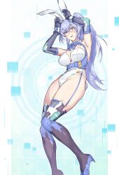 Rule 34 | 1girl, animal ears, armpits, arms up, bare shoulders, blue footwear, blue garter straps, blue gloves, blue hair, blue thighhighs, blush, breasts, commentary request, depo (typebaby505), elbow gloves, fake animal ears, gloves, green eyes, high heels, highleg, highleg leotard, highres, large breasts, leotard, long hair, looking at viewer, mecha musume, original, parted lips, playboy bunny, ponytail, rabbit ears, smile, solo, thighhighs, thighs, white leotard