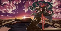 Rule 34 | 1girl, barefoot, chinese clothes, closed eyes, forbidden city, green hair, hatsune miku, highres, japanese clothes, kimono, legs, lens flare, long hair, open mouth, scrap iron, sky, solo, sunset, twintails, very long hair, vocaloid