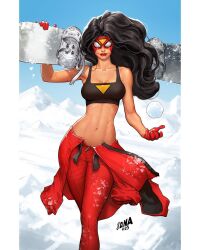 Rule 34 | 1girl, alternate costume, black hair, black sports bra, blue sky, breasts, cleavage, david nakayama, gloves, highres, holding snowboard, jessica drew, long hair, looking at viewer, marvel, mask, medium breasts, navel, pants, pillarboxed, red gloves, red lips, red pants, sky, snow, snowball, solo, spider-man (series), spider-woman, sports bra