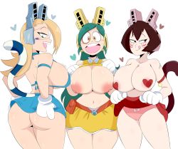 Rule 34 | 10s, 3girls, :3, :d, ass, assertive female, blonde hair, blue-tinted eyewear, boku no hero academia, breasts, brown hair, cameltoe, cat paw, cleavage, cleft of venus, facial mark, green hair, heart, heart pasties, highres, huge breasts, jinu (jinusenpai), looking at viewer, mandalay (boku no hero academia), multiple girls, nipples, open mouth, pasties, pixie-bob (boku no hero academia), pussy, ragdoll (boku no hero academia), simple background, smile, spread legs, thighs, tinted eyewear, tongue, tongue out, uncensored, visor