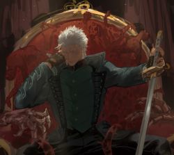 Rule 34 | 1boy, black gloves, blue coat, bone, claws, closed mouth, coat, cropped, devil may cry (series), devil may cry 5, fingerless gloves, gloves, hair slicked back, highres, holding, holding sword, holding weapon, iohmzgd, katana, male focus, manly, sitting, sketch, solo, spoilers, sword, thorns, throne, turtleneck, vergil (devil may cry), weapon, white eyes, white hair