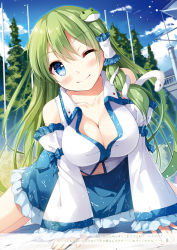 Rule 34 | 1girl, ;), bare shoulders, blue eyes, breasts, cleavage, cloud, day, detached sleeves, frog hair ornament, green hair, hair ornament, hair tubes, japanese clothes, kochiya sanae, large breasts, long hair, looking at viewer, miyase mahiro, navel, nontraditional miko, one eye closed, sitting, skirt, sky, smile, snake hair ornament, solo, touhou, tree