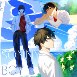 Rule 34 | 1boy, :o, asakaze (sonny boy), black hair, black pants, cloud, copyright name, day, hands in pockets, highres, hikarusorano, looking at viewer, multiple views, open clothes, open shirt, outdoors, pants, red shirt, school uniform, shirt, short hair, sonny boy, standing, twitter username, white footwear, white shirt