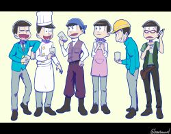 Rule 34 | 10s, 6+boys, :3, alternate costume, apron, bespectacled, black hair, boots, brothers, chef hat, chef, formal, glasses, hard hat, hat, heart, heart in mouth, hebii, helmet, laughing, leaning on person, lineup, male focus, matsuno choromatsu, matsuno ichimatsu, matsuno jyushimatsu, matsuno karamatsu, matsuno osomatsu, matsuno todomatsu, multiple boys, osomatsu-kun, osomatsu-san, sextuplets, short hair, siblings, suit
