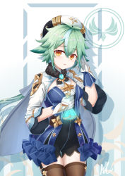 Rule 34 | 1girl, absurdres, anemo (genshin impact), animal ears, beret, black thighhighs, blue dress, blush, breasts, cat ears, cat girl, dress, flask, genshin impact, gloves, gold trim, green hair, hat, highres, long sleeves, looking at viewer, multicolored hair, no eyewear, open mouth, orange eyes, ponytail, solo, sucrose (genshin impact), thighhighs, vision (genshin impact)