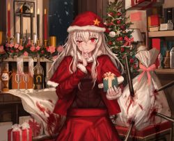 Rule 34 | 1girl, blood, christmas, gift, guro, hat, highres, index finger raised, lithium10mg, red eyes, santa costume, santa hat, solo, tagme, third-party edit, white hair