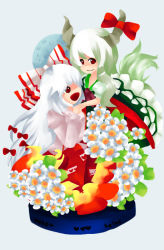 Rule 34 | 2girls, :d, blue background, blunt bangs, bow, closed mouth, dress, ex-keine, female focus, flower, frilled dress, frills, fujiwara no mokou, green dress, green hair, heart, heart print, holding hands, horn bow, horn ornament, horns, kamishirasawa keine, long hair, long sleeves, looking at viewer, multi-tied hair, multiple girls, open mouth, pants, puffy short sleeves, puffy sleeves, red bow, red eyes, red pants, savi0626, shirt, short sleeves, silver hair, simple background, smile, tareme, touhou, very long hair, white shirt
