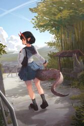 Rule 34 | 1girl, absurdres, bag, bamboo, black bag, black footwear, black hair, black socks, blue skirt, closed mouth, commentary, day, dragon girl, dragon tail, felix thirasat, fox statue, highres, horns, loafers, long sleeves, looking at viewer, looking back, oni horns, original, outdoors, pleated skirt, pointy ears, red eyes, red horns, school uniform, serafuku, shirt, shoes, short hair, shoulder bag, skirt, socks, solo, tail, white shirt, wide shot