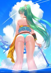 Rule 34 | 1girl, absurdres, arms at sides, arrow (projectile), artist name, ass, back, bare arms, bare back, bare legs, bare shoulders, bikini, blue bikini, blue sky, blush, bow (weapon), brown choker, choker, closed mouth, cloud, commentary, day, eyes visible through hair, fire emblem, fire emblem: the blazing blade, fire emblem heroes, floating hair, flower, frilled bikini, frills, from behind, from below, green eyes, green hair, hair blowing, hair flower, hair ornament, half-closed eyes, highres, holding, holding arrow, holding bow (weapon), holding weapon, jebi, long hair, looking at viewer, looking back, lyn (fire emblem), lyn (summer) (fire emblem), midriff, neck, nintendo, outdoors, ponytail, rope belt, sky, smile, solo, standing, strapless, strapless bikini, sunlight, swimsuit, very long hair, water, weapon, wind, wind lift