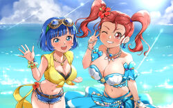 Rule 34 | 2girls, bikini, breasts, cleavage, collarbone, dragon quest, dragon quest viii, earrings, flower, hair flower, hair ornament, highres, jessica albert, jewelry, large breasts, mitsuju you, multiple girls, navel, necklace, ocean, one eye closed, open mouth, sarong, smile, swimsuit, twintails, water