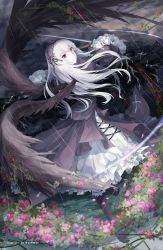 Rule 34 | 10s, 1girl, 2013, artist name, bad id, bad pixiv id, black wings, dress, dressing, dutch angle, flower, hairband, highres, kyurin (sunnydelight), lightning, long hair, plant, rain, red eyes, red flower, red rose, rose, rozen maiden, silver hair, solo, suigintou, sword, thorns, vines, weapon, wings