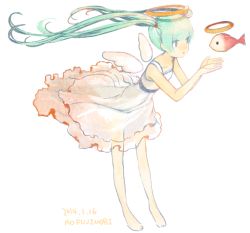 Rule 34 | . ., 1girl, :o, alternate costume, alternate hair ornament, angel, angel wings, animal, ao fujimori, aqua hair, bare arms, bare shoulders, barefoot, collarbone, dated, dress, fish, floating, floating hair, from side, full body, goldfish, halo, hatsune miku, kuuchuu yuuei (vocaloid), layered dress, leaning forward, legs apart, long hair, looking away, open hands, parted lips, red eyes, signature, simple background, sleeveless, sleeveless dress, solo, twintails, vocaloid, white background, white dress, white wings, wind, wings