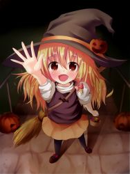 Rule 34 | 1girl, blonde hair, blush, bow, broom, candy, fang, female focus, food, hair bow, halloween, hat, jack-o&#039;-lantern, kirisame marisa, long hair, nicoby, outstretched arms, palms, short sleeves, solo, touhou, witch hat, yellow eyes