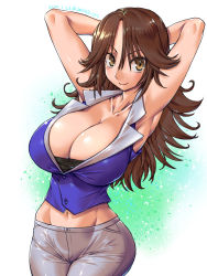 Rule 34 | 1girl, amania orz, armpits, arms behind head, arms up, blue background, breasts, brown eyes, brown hair, cleavage, collarbone, dated, gradient background, gundam, gundam 00, hair between eyes, highres, huge breasts, long hair, looking at viewer, navel, shiny clothes, signature, smile, solo, sumeragi lee noriega, twitter username, white background