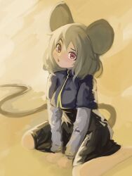 Rule 34 | 1girl, absurdres, animal ears, black dress, brown background, capelet, dress, full body, grey capelet, grey hair, highres, lenserd, long sleeves, looking at viewer, mouse ears, mouse girl, mouse tail, nazrin, open mouth, red eyes, short hair, sitting, solo, tail, touhou, wariza