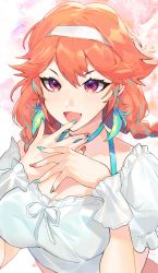 Rule 34 | 1girl, alnyak, breasts, choker, cleavage, earrings, feather earrings, feathers, hairband, highres, hololive, hololive english, jewelry, large breasts, looking at viewer, multicolored nails, nail polish, open mouth, orange hair, purple eyes, see-through, see-through shirt, simple background, takanashi kiara, takanashi kiara (casual), virtual youtuber, white hairband