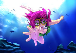 Rule 34 | 1girl, air bubble, bare legs, barefoot, bikini, breath, bubble, diving, diving mask, fish, freediving, goggles, green eyes, highres, long hair, ocean, open mouth, original, pink hair, rock, snorkel, solo, swimming, swimsuit, underwater, water, yagami (mukage)