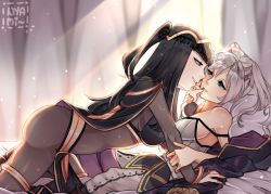 Rule 34 | 2girls, artist name, ass, black hair, black nails, bodystocking, bracelet, breasts, bridal gauntlets, cape, cleavage, eye contact, eyelashes, finger to another&#039;s mouth, fire emblem, fire emblem awakening, jewelry, long hair, looking at another, multiple girls, nail polish, nintendo, nyamuh, parted lips, pelvic curtain, robin (female) (fire emblem), robin (fire emblem), silver hair, smile, strap slip, tharja (fire emblem), tiara, twintails, yuri