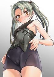 Rule 34 | 10s, 1girl, bad id, bad twitter id, bike shorts, blush, breasts, brown eyes, cameltoe, cleft of venus, covered erect nipples, from below, green hair, ipuu (el-ane koubou), kantai collection, long hair, sideboob, small breasts, solo, twintails, zuikaku (kancolle)
