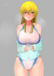 Rule 34 | 1girl, absurdres, blonde hair, blush, breasts, breath, carpaccio (girls und panzer), commentary, competition swimsuit, cowboy shot, girls und panzer, gluteal fold, green eyes, green jacket, grey background, half-closed eyes, highleg, highleg swimsuit, highres, irukatto, jacket, large breasts, long hair, long sleeves, looking at viewer, off shoulder, one-piece swimsuit, parted lips, partially unzipped, simple background, sleeves past wrists, solo, standing, sweat, swimsuit, white one-piece swimsuit