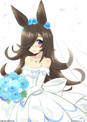 Rule 34 | 1girl, :d, absurdres, animal ears, bare shoulders, black hair, blue flower, blue rose, blush, bouquet, breasts, collarbone, commentary request, dress, eyes visible through hair, flower, goma (gomasamune), hair flower, hair ornament, hair over one eye, highres, holding, holding bouquet, horse ears, long hair, looking at viewer, off-shoulder dress, off shoulder, open mouth, purple eyes, rice shower (umamusume), rose, see-through, simple background, small breasts, smile, solo, twitter username, umamusume, veil, very long hair, wedding dress, white background, white dress, white flower, white rose