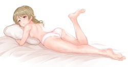 Rule 34 | 1girl, ass, back, bare legs, barefoot, bed sheet, blush, breasts, brown eyes, commentary request, earrings, feet, feet up, from behind, full body, genmon, hair down, idolmaster, idolmaster cinderella girls, jewelry, light brown hair, long hair, looking at viewer, looking back, lying, morikubo nono, hugging object, on stomach, panties, parted lips, pillow, pillow hug, shoulder blades, small breasts, soles, solo, stud earrings, toes, topless, underwear, underwear only, white background, white panties